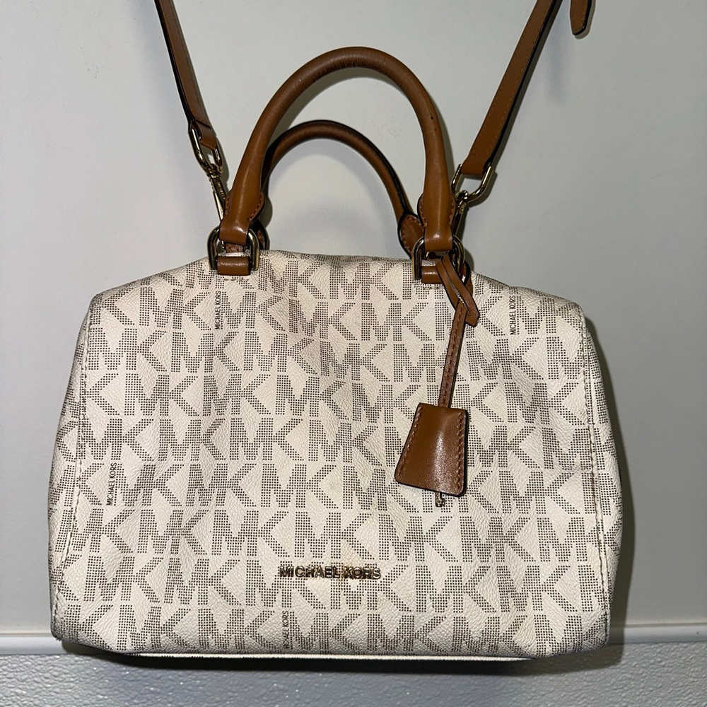 Michael Kors Monogram Kirby Satchel Bag Beige/Brown Vanilla/Acorn MK Logo Purse - Picture 3 of 16